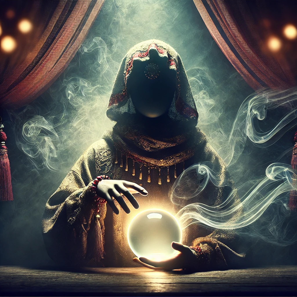 DALL·E 2024-09-22 20.31.19 - A mysterious figure resembling a fortune teller stands in a dimly lit environment. The figure does not hold any fortune-telling tools and their face i