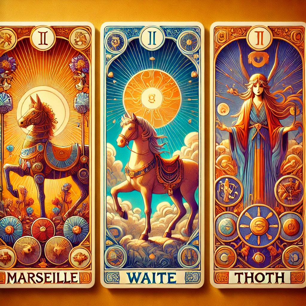 DALL·E 2024-09-30 19.42.10 - A 2D illustration designed for a tarot card website ranking the most popular tarot decks. The illustration should depict three types of tarot decks_ M